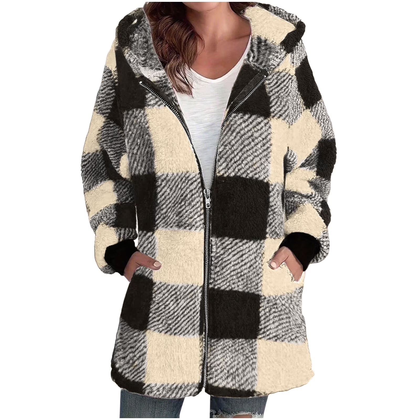 Plaid Flannel Jacket Women Casual Sherpa Lined Zip up Hooded Cardigan Sweaters plus Size Plaid Shacket Fall Winter Teddy Coat