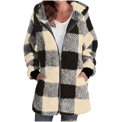 Plaid Flannel Jacket Women Casual Sherpa Lined Zip up Hooded Cardigan Sweaters plus Size Plaid Shacket Fall Winter Teddy Coat