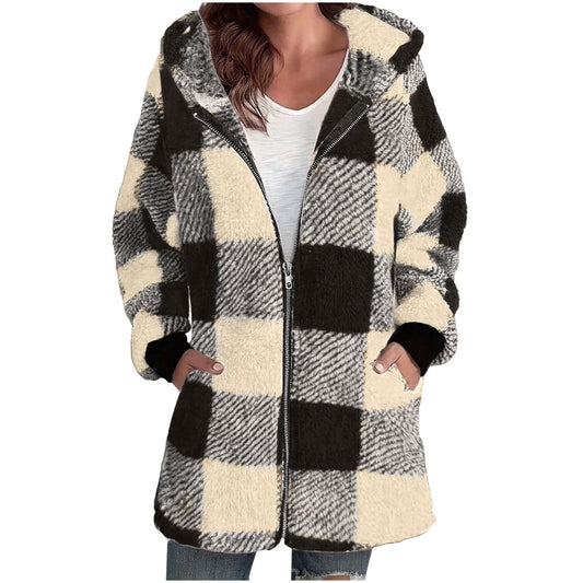 Plaid Flannel Jacket Women Casual Sherpa Lined Zip up Hooded Cardigan Sweaters plus Size Plaid Shacket Fall Winter Teddy Coat