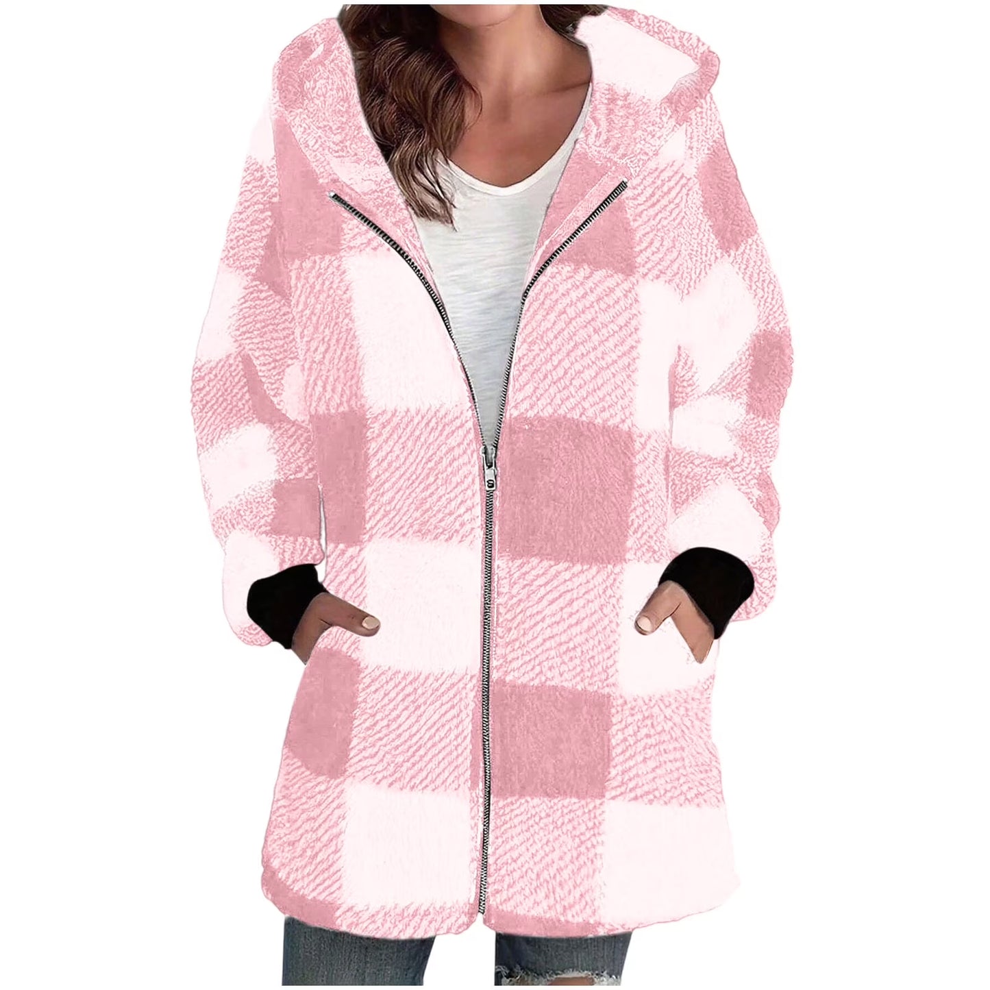 Plaid Flannel Jacket Women Casual Sherpa Lined Zip up Hooded Cardigan Sweaters plus Size Plaid Shacket Fall Winter Teddy Coat