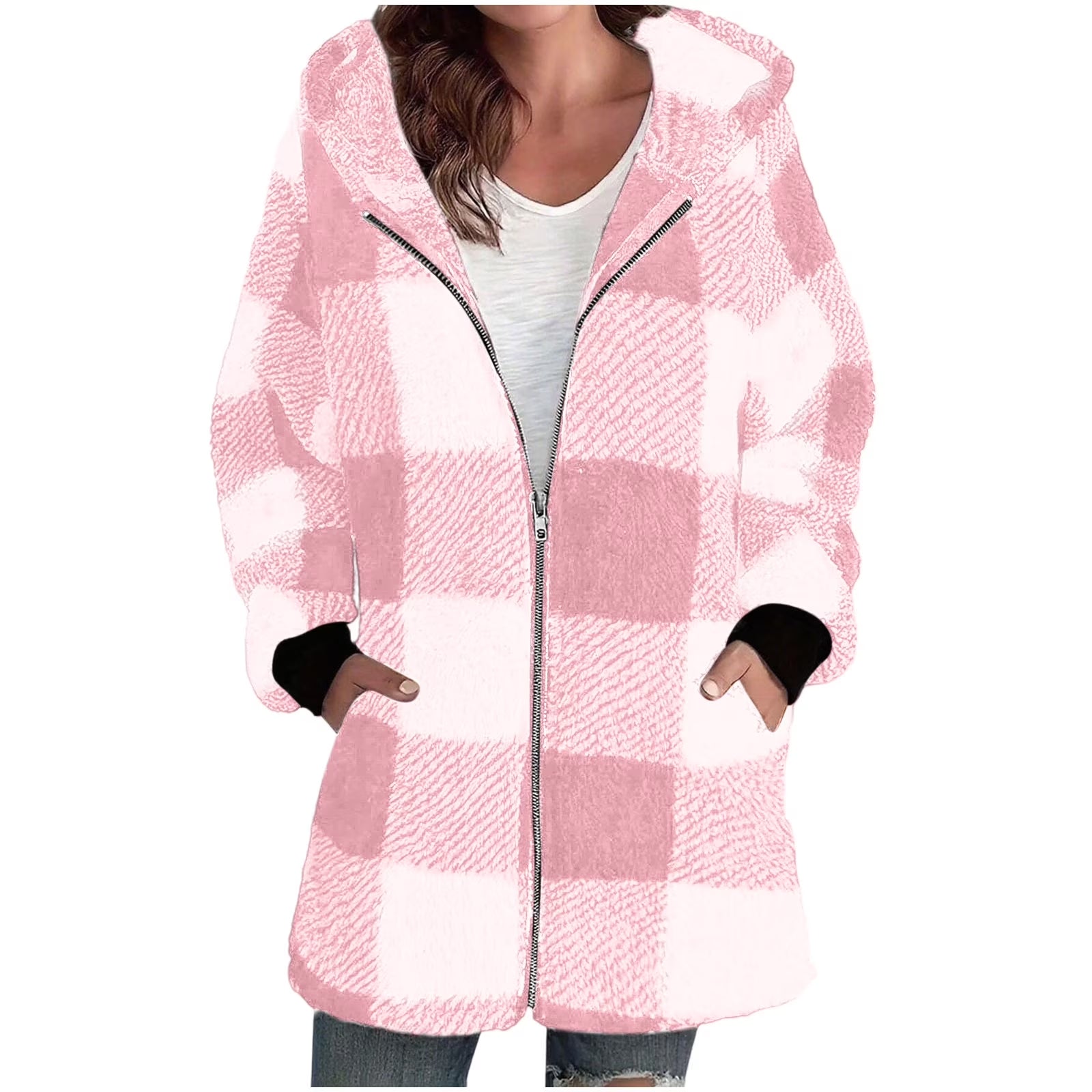 Plaid Flannel Jacket Women Casual Sherpa Lined Zip up Hooded Cardigan Sweaters plus Size Plaid Shacket Fall Winter Teddy Coat