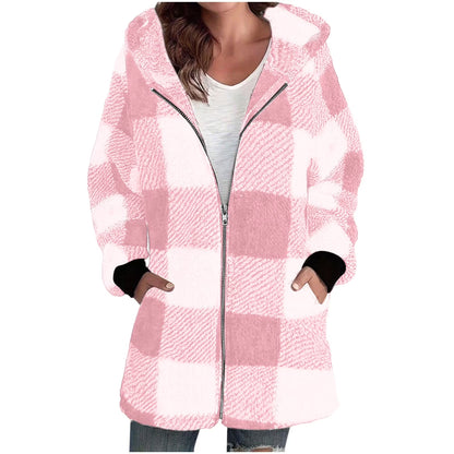 Plaid Flannel Jacket Women Casual Sherpa Lined Zip up Hooded Cardigan Sweaters plus Size Plaid Shacket Fall Winter Teddy Coat