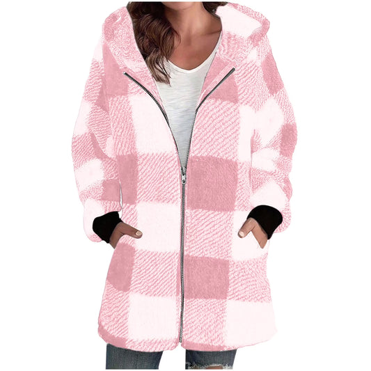 Plaid Flannel Jacket Women Casual Sherpa Lined Zip up Hooded Cardigan Sweaters plus Size Plaid Shacket Fall Winter Teddy Coat